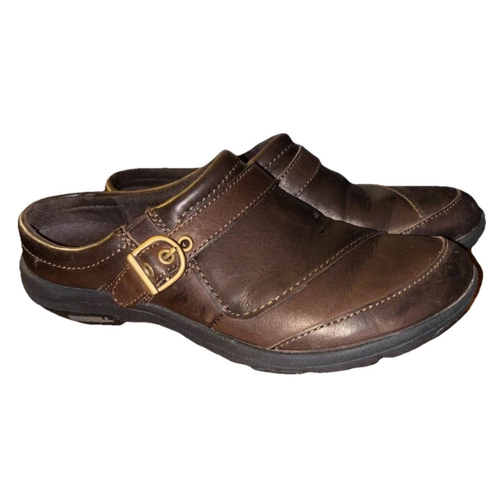 Merrell Leather Clog Shoes Womens Size 7.5 Brown Buckle Slip On Comfort Casual